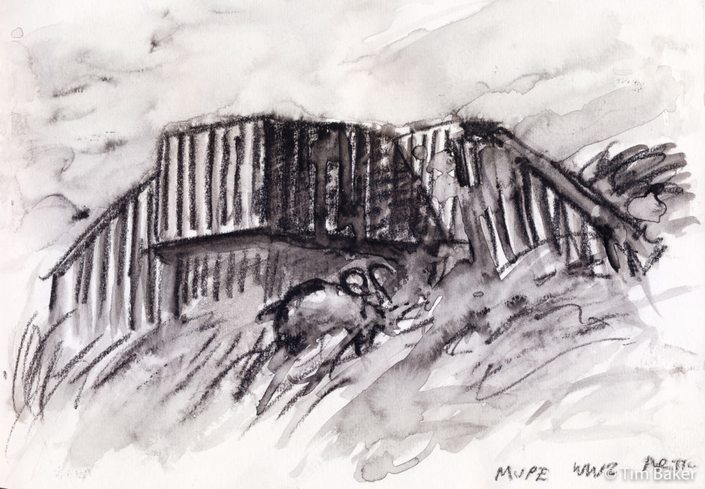Bunker Sheep, near Mupe Bay, Woody Pencil and wash, A4 sketchbook. Dorset Jurassic Coast Lulworth Durdle Door Mupe Bay MOD military ranges Seascape Cliffs Sea Painting Drawing