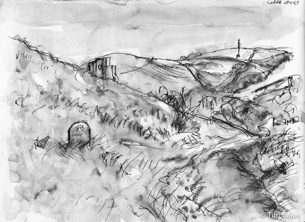 Walking to Corfe Castle, West Hill, Fountain Pen and Wash, A4 sketchbook,