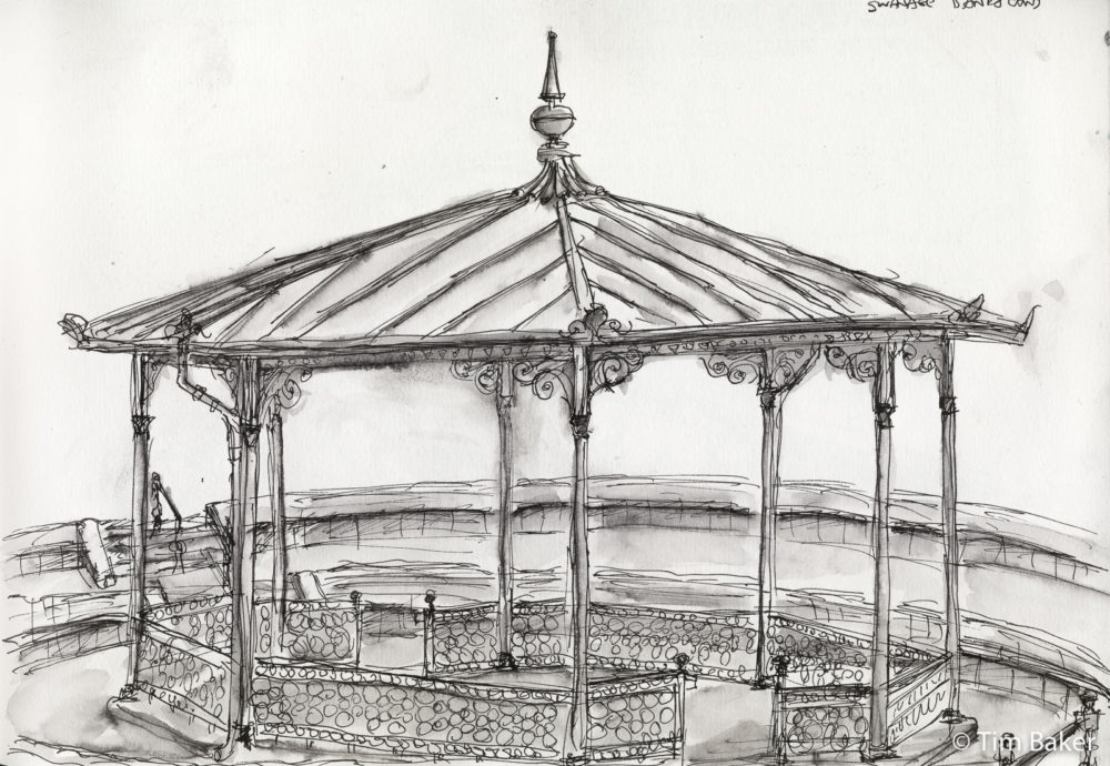 Swanage Bandstand, Preppy Fountain Pen and Wash, A4 sketchbook. Jurassic Coast Dorset