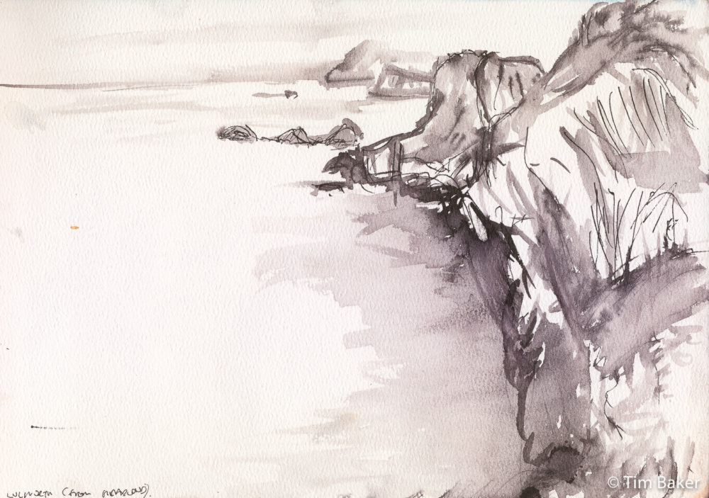 Lulworth toward Durdle Door at dusk, Fountain Pen and Wash, A4 etchr sketchbook Dorset Jurassic Coast Cove Mupe Bay Cliffs Seascape Sea Painting