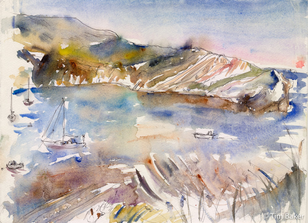 Lulworth Cove Sunset, fountain pen and watercolour, Fabriano paper. Dorset Jurassic Coast Durdle Door Mupe Bay Seascape Sea Painting