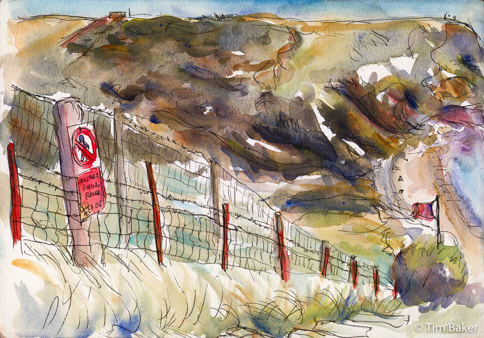 We'll Keep The Red Flag Flying Here, (Lulworth Cove) fountain pen and watercolour, A4 etchr sketchbook. Dorset Jurassic Coast Miltary MOD  Durdle Door Mupe Bay Seascape Sea Painting