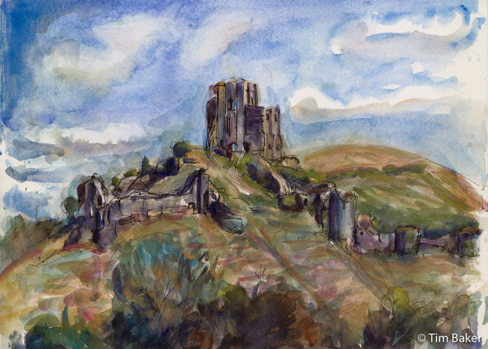 Rooks & Peregrines (Corfe Castle 2), Watercolour and pen, Fabriano paper,