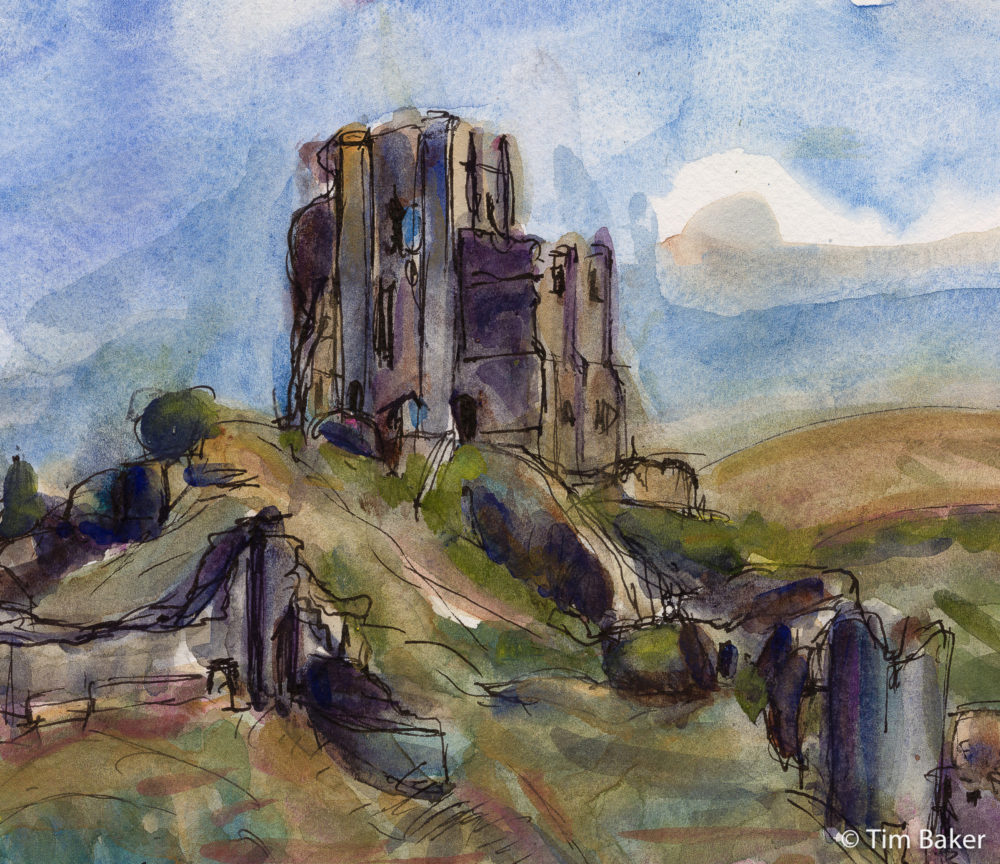 Rooks & Peregrines (Corfe Castle 2) - detail, Watercolour and pen, Fabriano paper,