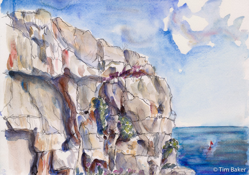 A cork on the ocean (Near Dancing Ledge), Watercolour and fountain pen, Fabriano paper,  35x24cm. Langton Matravers, Dorset,  Jurassic Coast, Swanage