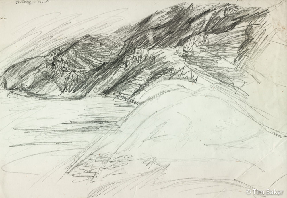 Hora, Patmos, (aged 16-18?), Greece, Pencil on sketchbook Seascape Cliffs Rocks Sea Drawing