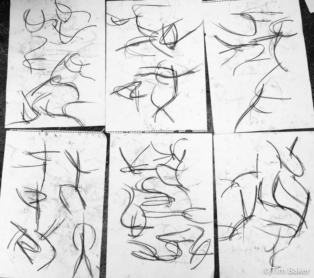 Movement Studies (Nusara), Foundation, Charcoal, multiple A3 pages.