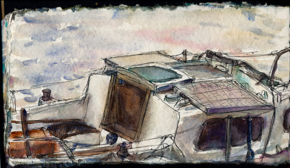 Dry Land 1, Fountain Pen and Watercolour, Artway Indigo Panoramic Cotton Sketchbook.