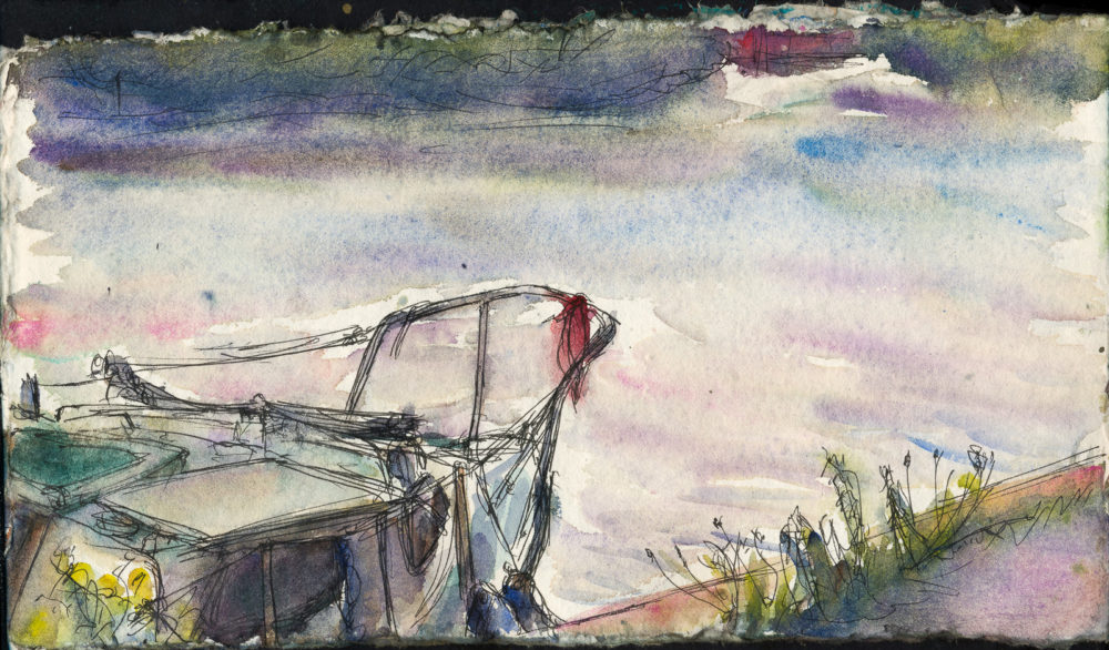 Dry Land 2 (Red Rag To A Boat), Fountain Pen and Watercolour, Artway Indigo Panoramic Cotton Sketchbook.