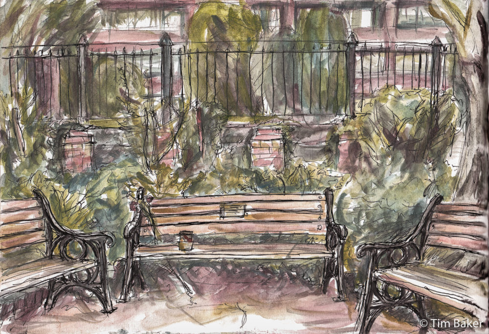 The Benches, Queen's Promenade, Fountain Pen and Derwent Graphitint, A4 Artway Eco sketchbook