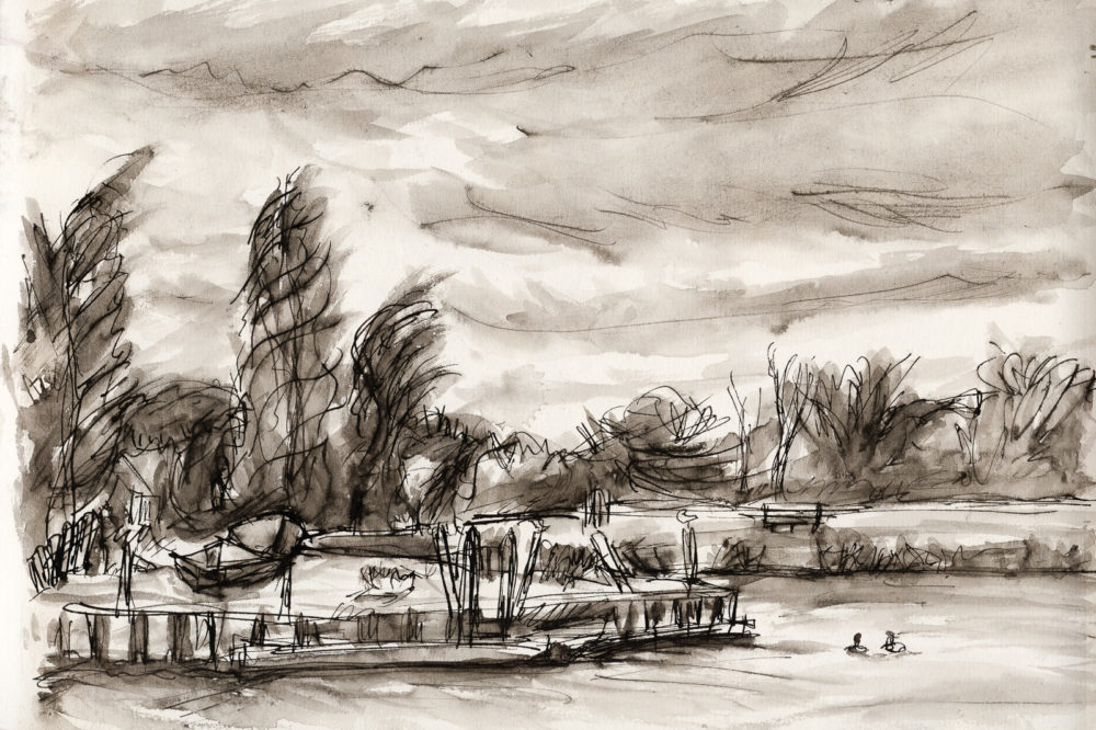 Raven's Ait Windy Day, Fountain Pen and wash, A4 Eco Sketchbook.