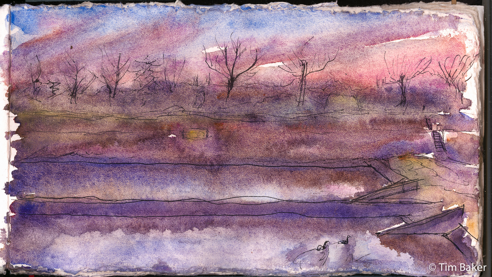 Two Geese (Filter Beds At Night), Watercolour and Fountain Pen, Artway Panoramic Cotton sketchbook.