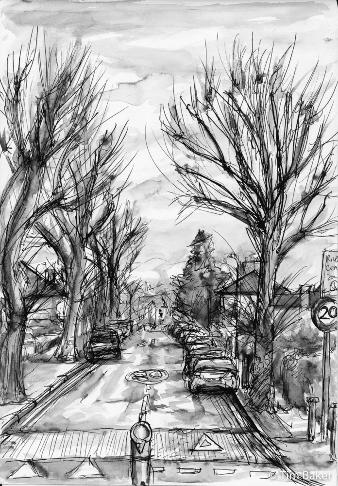 From The Electric Temple (Empty Avenues 2), Fountain Pen with Sketchink and wash, A4 Artway Eco sketchbook Surbiton
