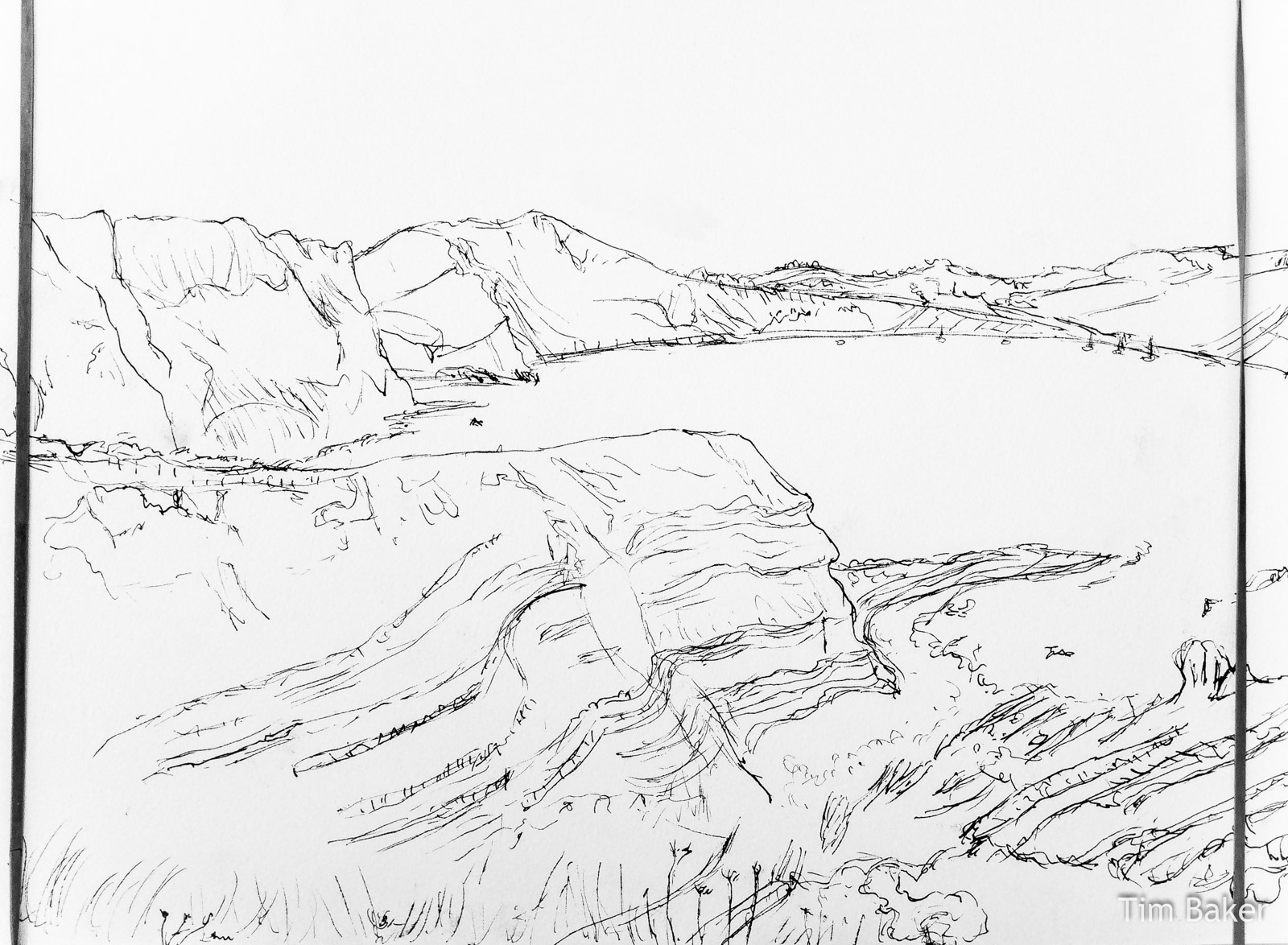 Mupe Bay (in progress) - fountain pen drawing, Fabriano Paper, 38x28cm Dorset Jurassic Coast Lulworth Durdle Door Mupe Bay Seascape Cliffs Sea Painting Drawing