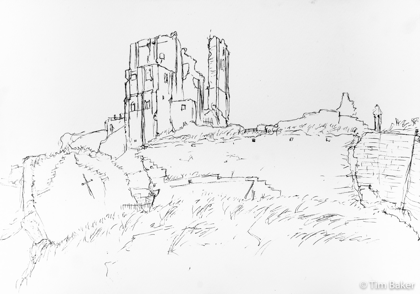 Corfe Castle (Tea Room), in progress drawing, foutain pen on Fabriano Paper. 