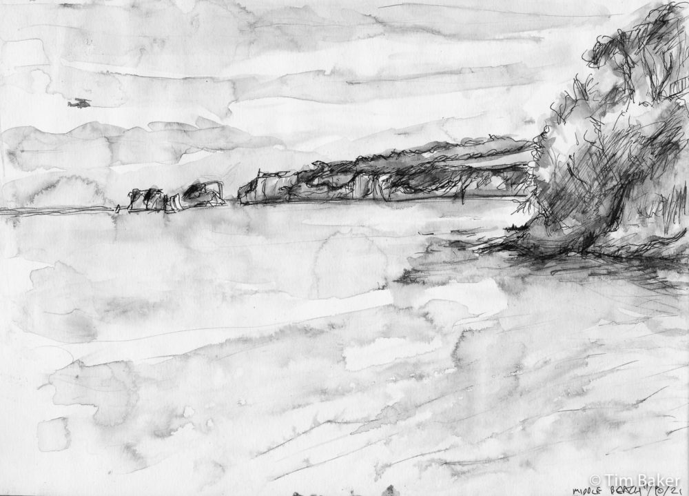Old Harry's Rocks, Studland (from Middle Beach Cafe), Fountain pen and wash, A4 sketchbook.