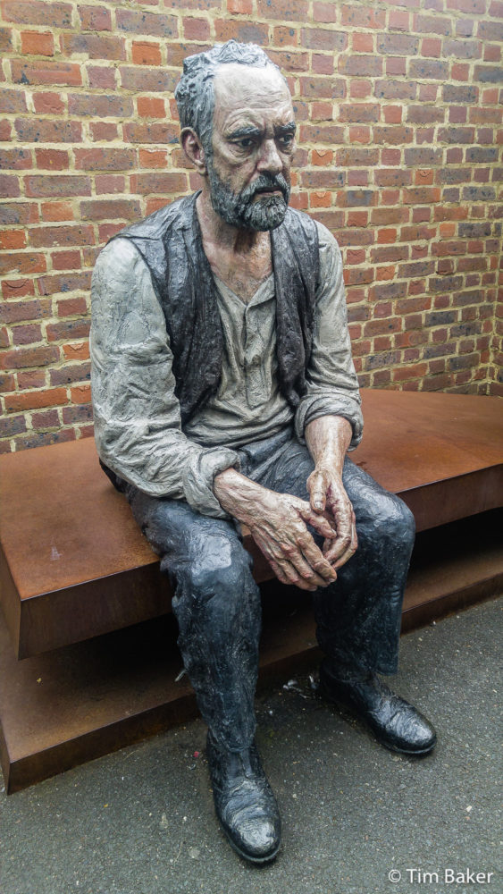 He's seen things. He looked how I felt, exhausted and sitting on a train station in Woking. (Sculpture: Seated Man by Sean Henry)