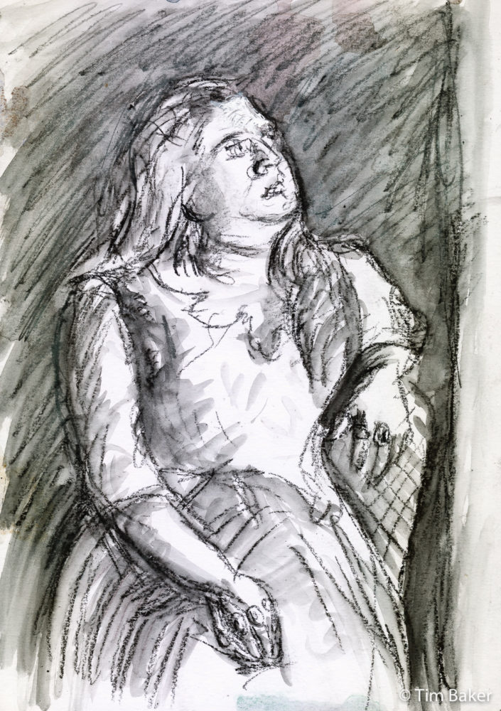 Trudie, Portraits at the Pub, Stabilo All black pencil and white ink on A4 mixed media pad.