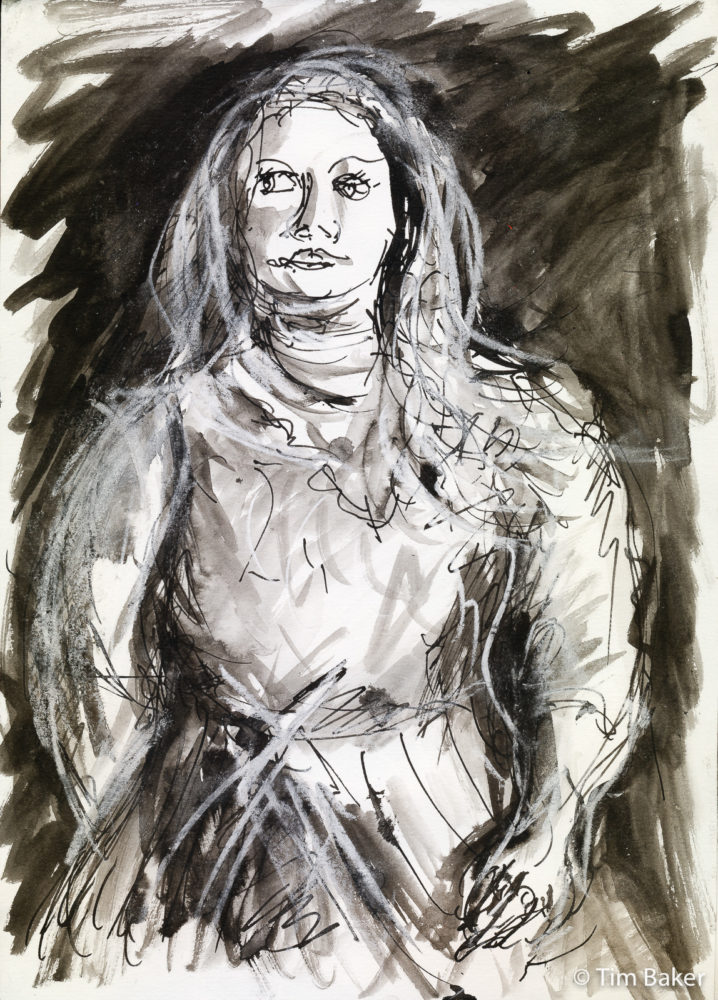Trudie, Portraits at the Pub, Dip Pen with Speedball nib, wash and white chalk on A4 Eco sketchbook.