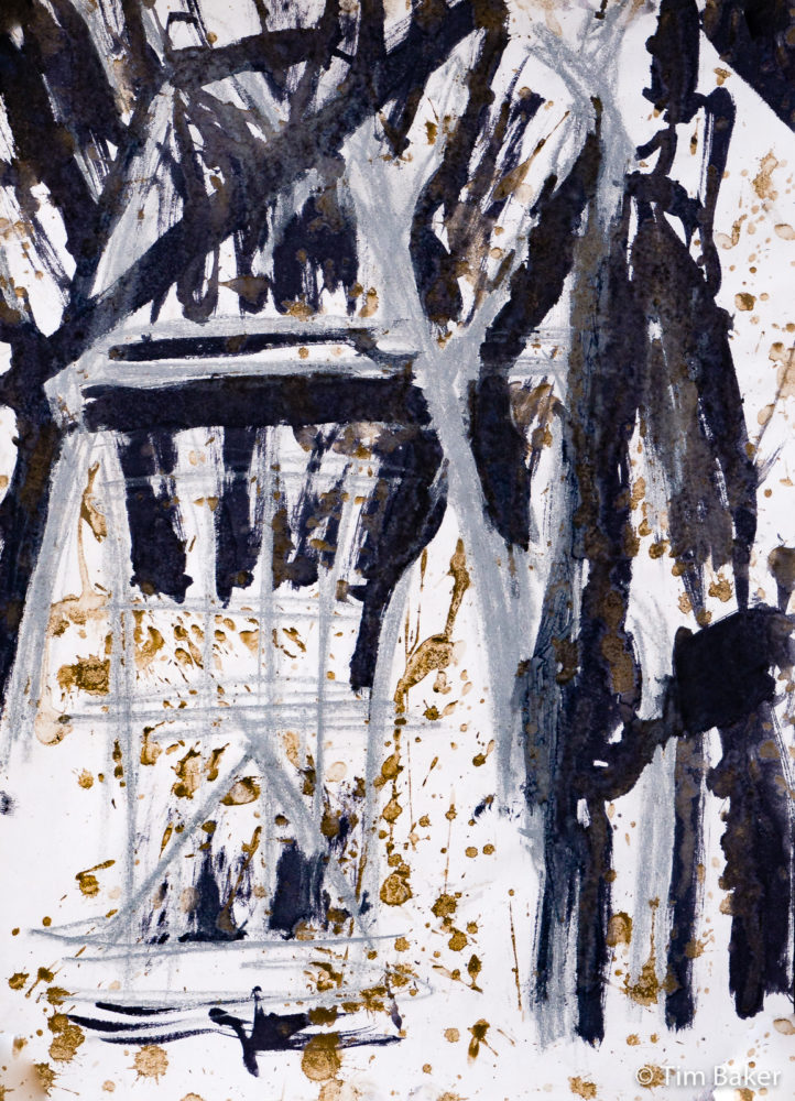 The Iron Bridge, 4/92, Ink or acrylic and brush, gray chalk or pastel and mud, A3 paper.