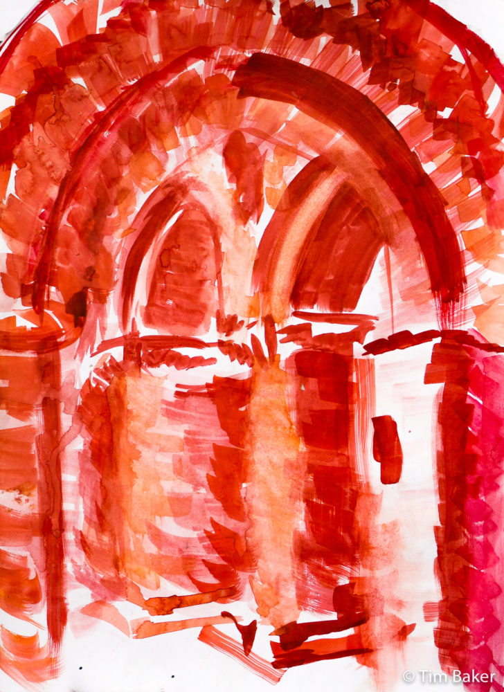Red Buildwas Abbey study, Acrylic paint, 4/92, A3 paper.