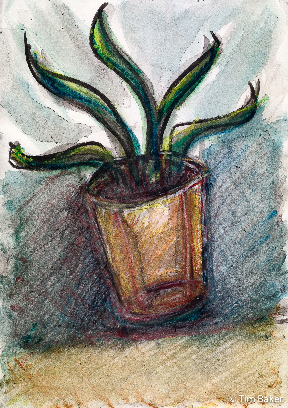 Keep The Yucca Plant Flying, Abstract Advent 21, Faber Castell marker and Neocolor 2 crayons and wash, A4 acrylic pad.