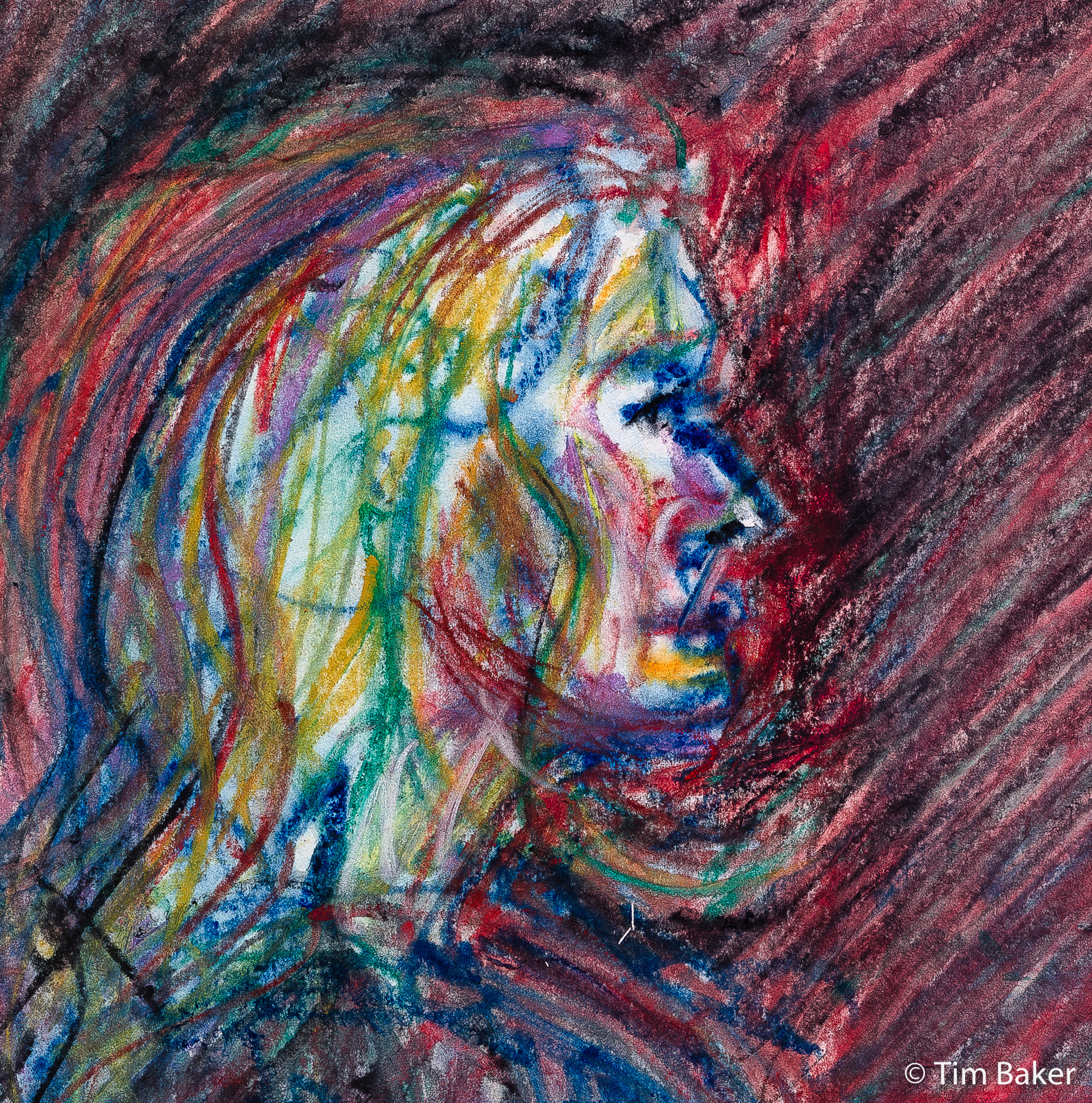 Starry Night (Kate) = detail, Portraits At The Pub, Caran D'ache NeoColor 2 on A4 wet media paper.