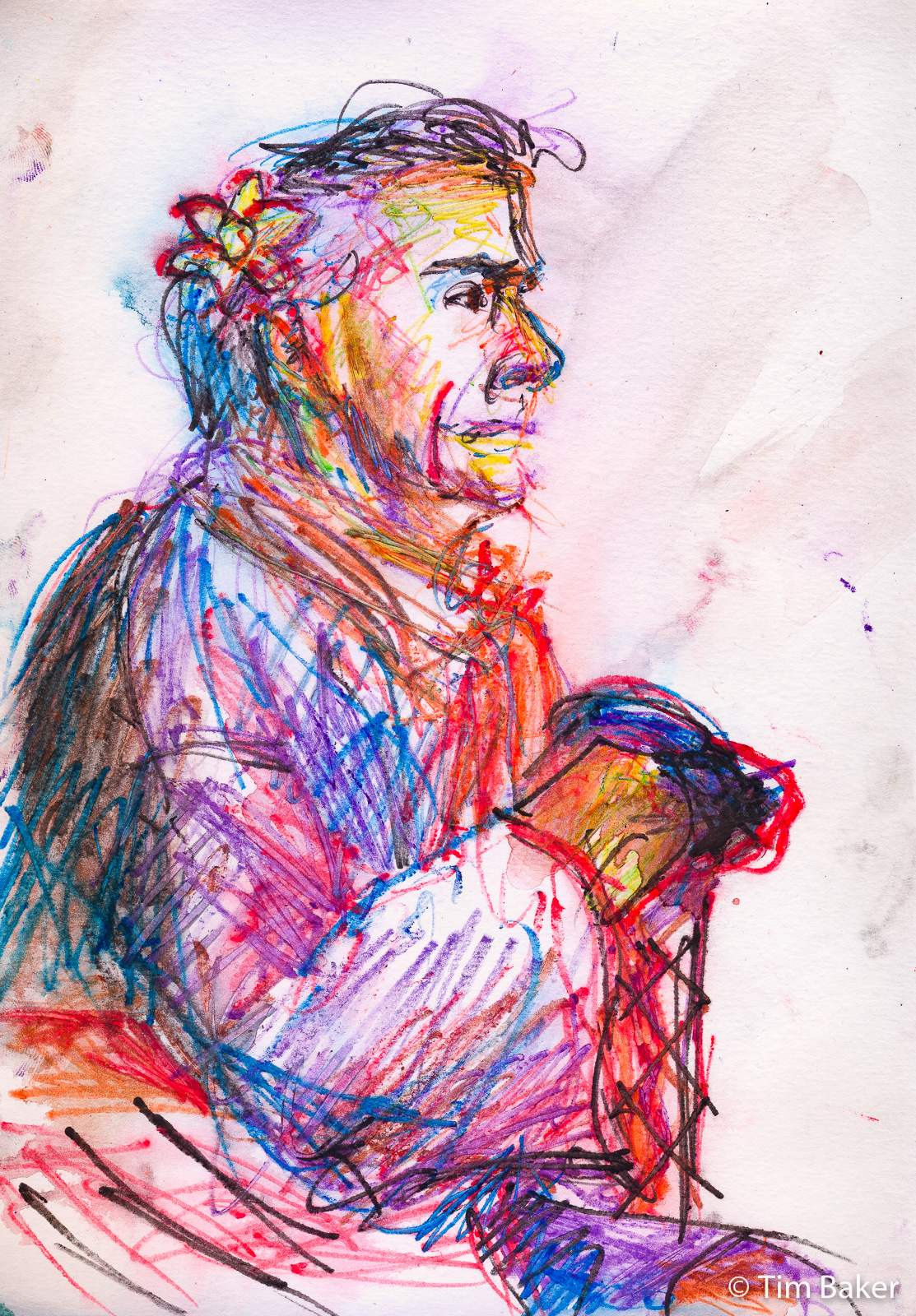 Rick with a flower in his hair 2, Portraits At the Pub, Fountain Coloured pencil and spray, A4 mixed media pad.