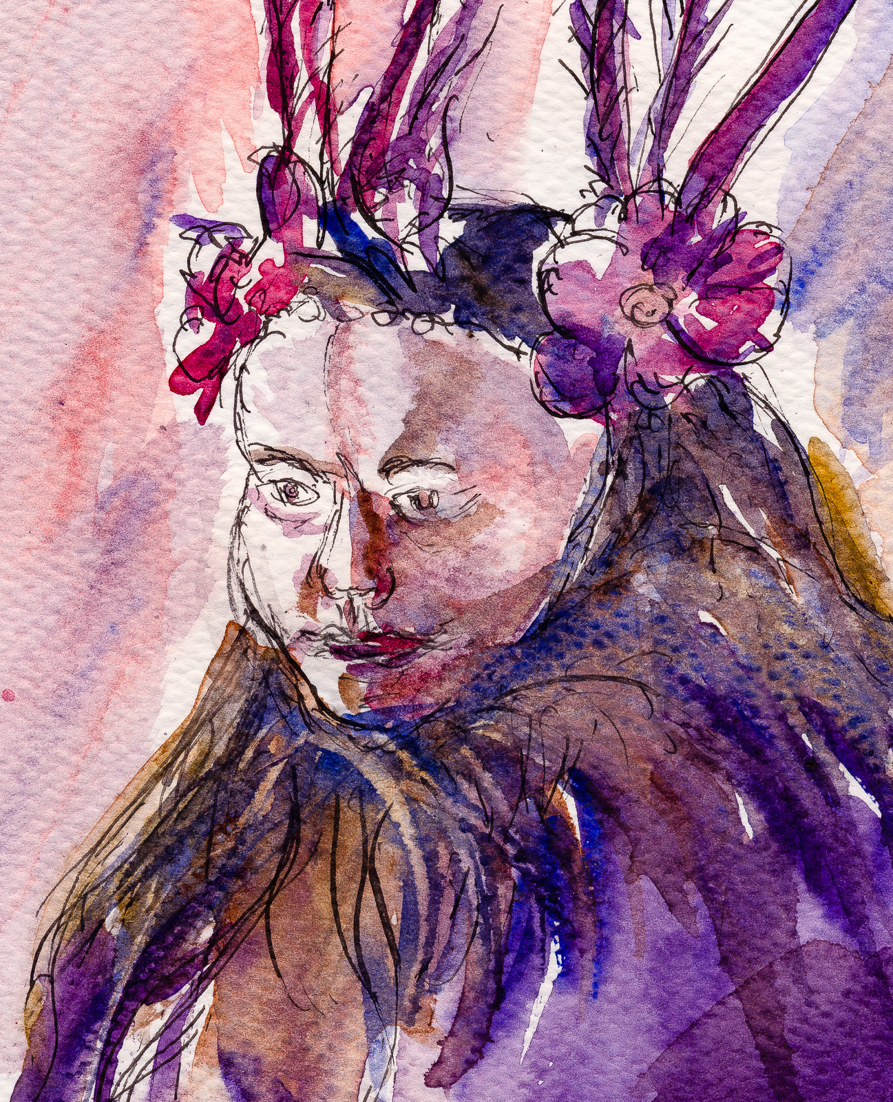 Ruth (detail), Portraits At The Pub, Watercolour and Fountain Pen. A4 Artway 35% Cotton Studio Sketchbook.