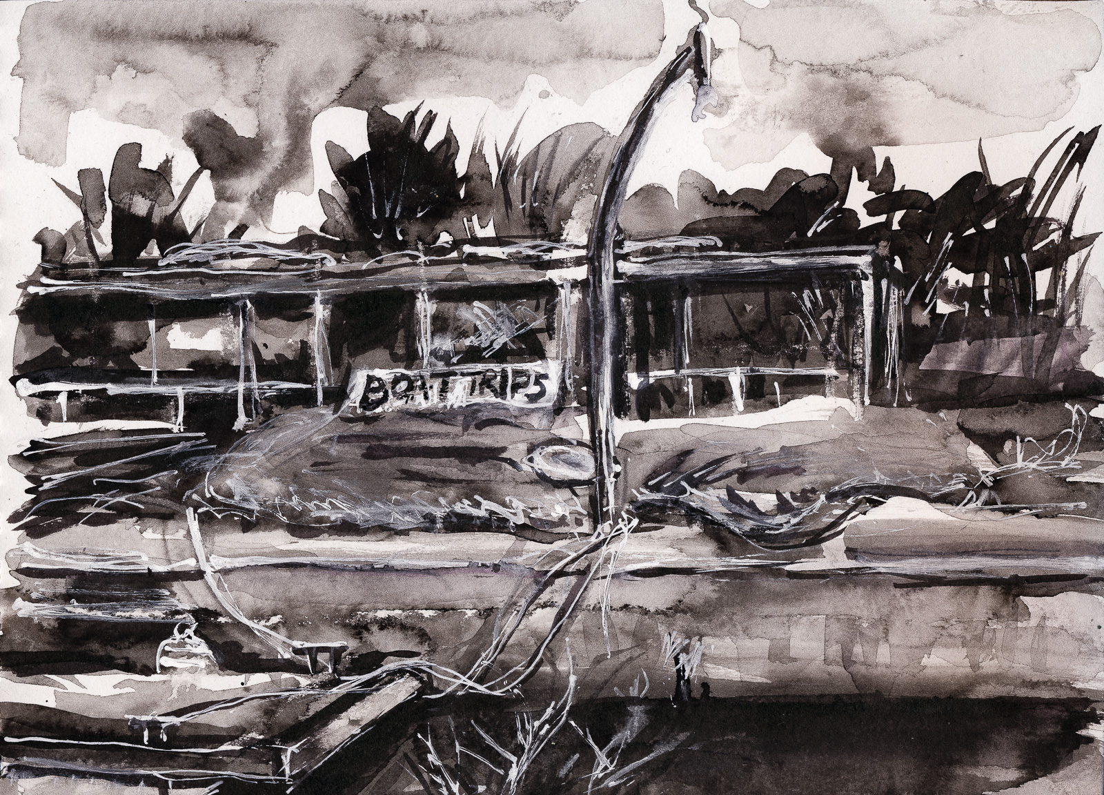 Boat Trips (Night/River series), Fountain Pen, Brush and ink, white ink pump marker and Wash, A4 Flat White Sketchbook