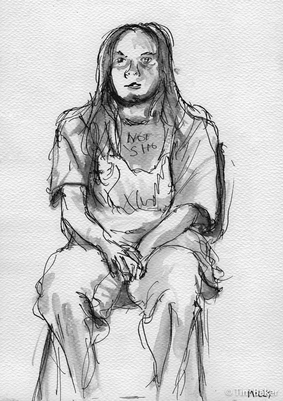 Milly, Portraits At The Pub, Fountain Pen and wash and white roTring ink marker, A4 Artway 35% cotton sketchbook.