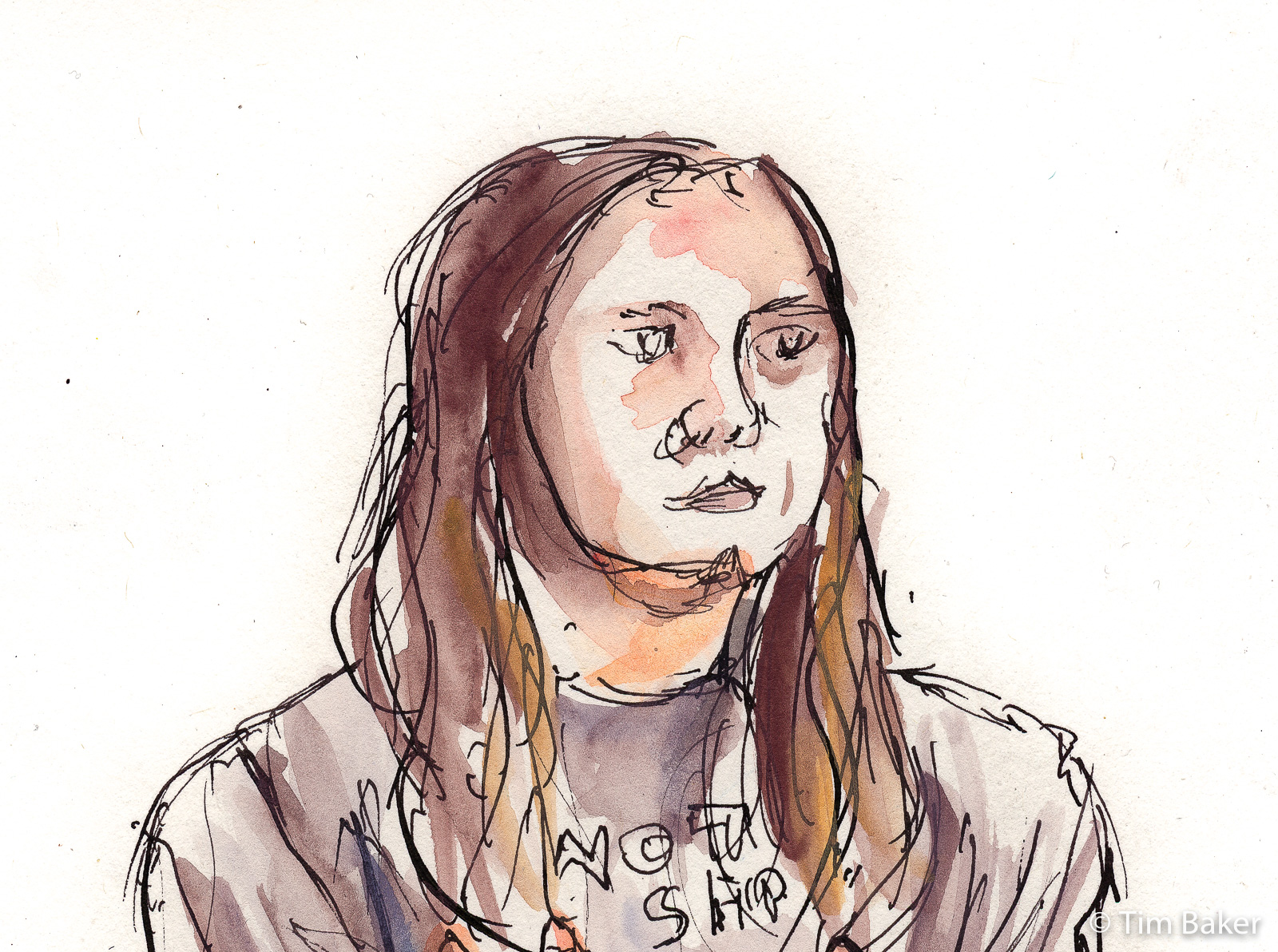 Milly (detail), Portraits At The Pub, Fountain Pen and Inktense paint, A4 Artway Flat White sketchbook.