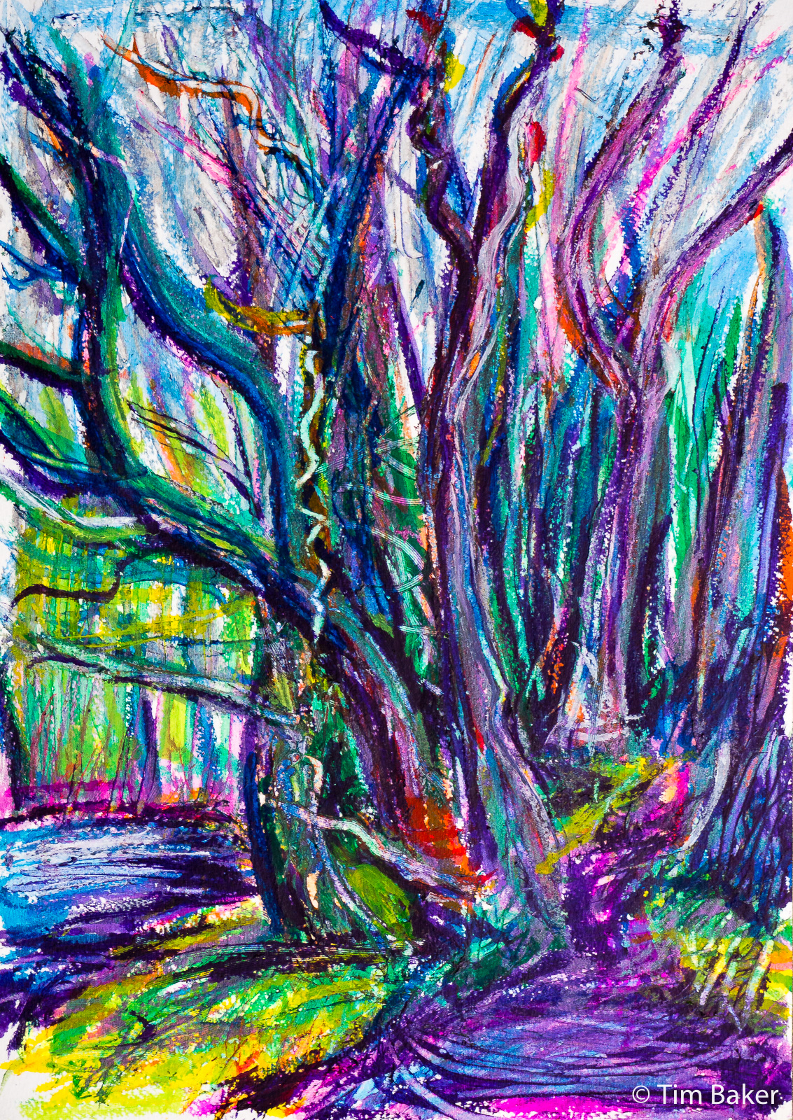 The Tree Parade, Putney Heath, Tempera Paint Sticks, Daler A3 paper. landscape