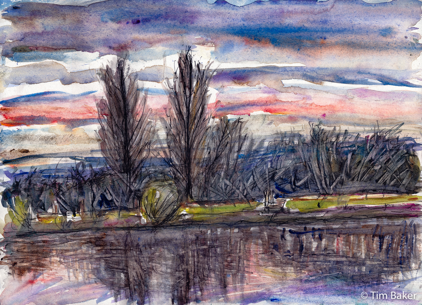 Sunset Cypresses,Queen's Promenade, Watercolour, Fountain Pen and sgraffito, A4 Artway Flat White Sketchbook.