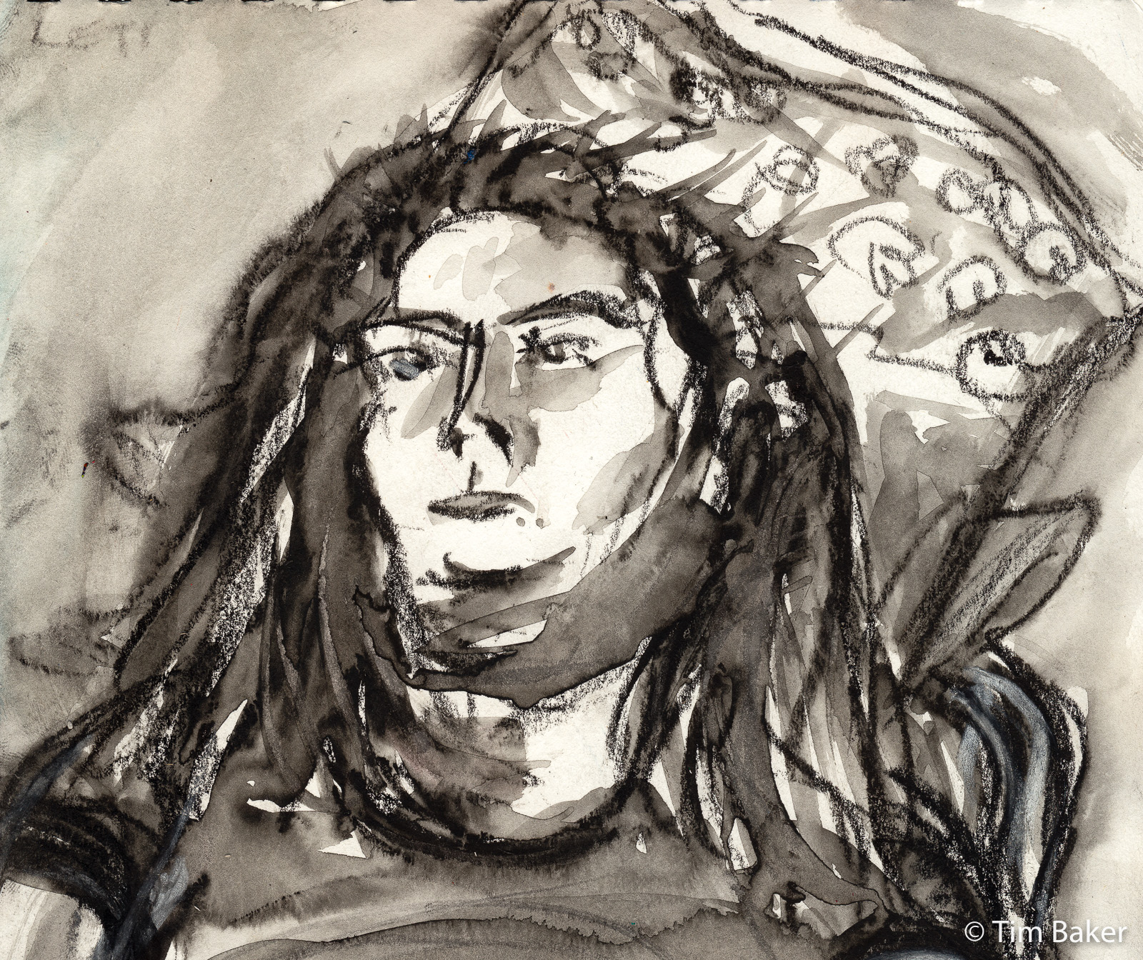 Portraits At The Pub 35: Marsha (detail), Woody pencils and wash, A4 Flat White Sketchbook.