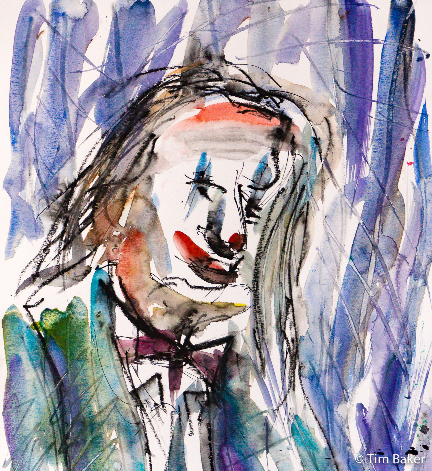 Joker/Tony (detail), Canela, Watercolour, fountain pen, sgraffito and Lyra water-soluble graphite crayon, Canson XL A3 Watercolour sketchbook.