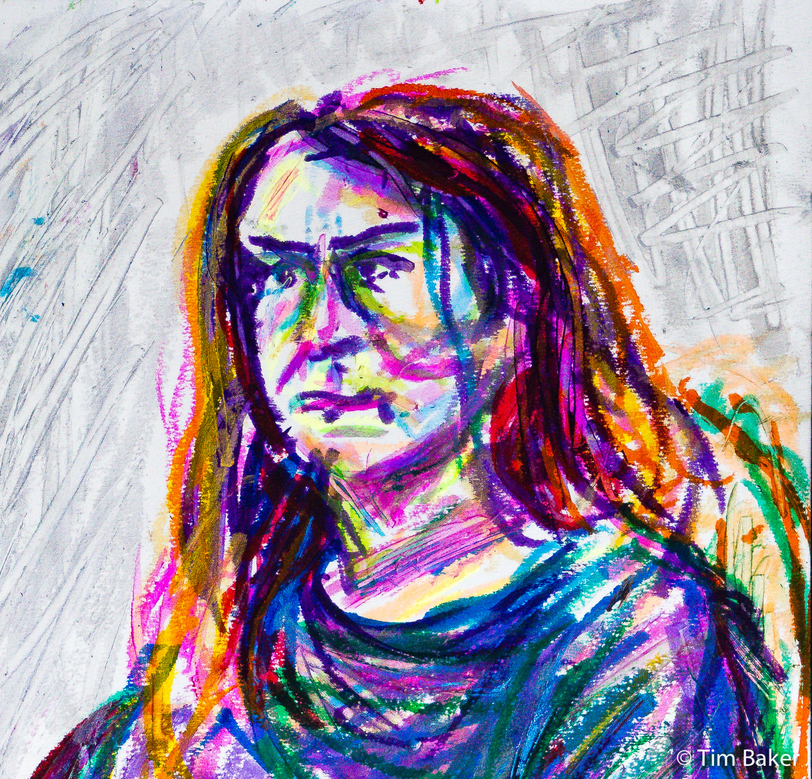 Lisa (detail), Portraits At The Pub, Tempera Painsticks and sgraffito, A3 Canson XL Sketchbook.