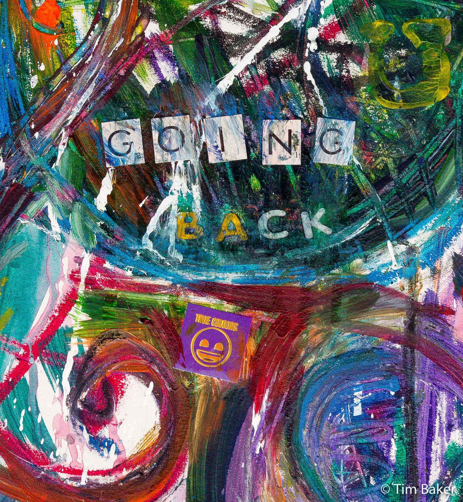 Going Back (Thinking Of U) (Will it Paint #2) - detail, Acrylic paint, oil sticks, markals and stickers around 54cm x 88cm, wallpaper liner.