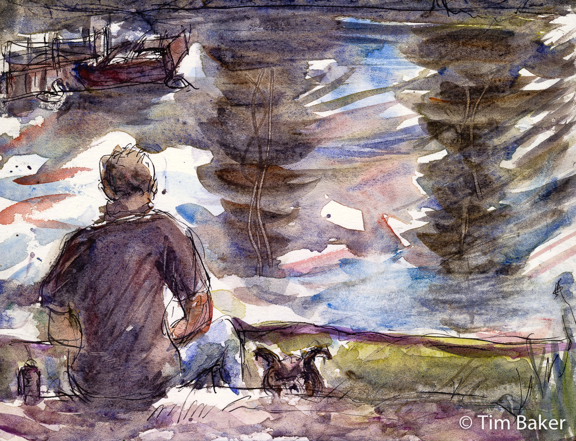 A Can And His Dog (detail), Queens Promenade, Fountain Pen and Watercolour, Fabriano Mixed Media A4. River solitude