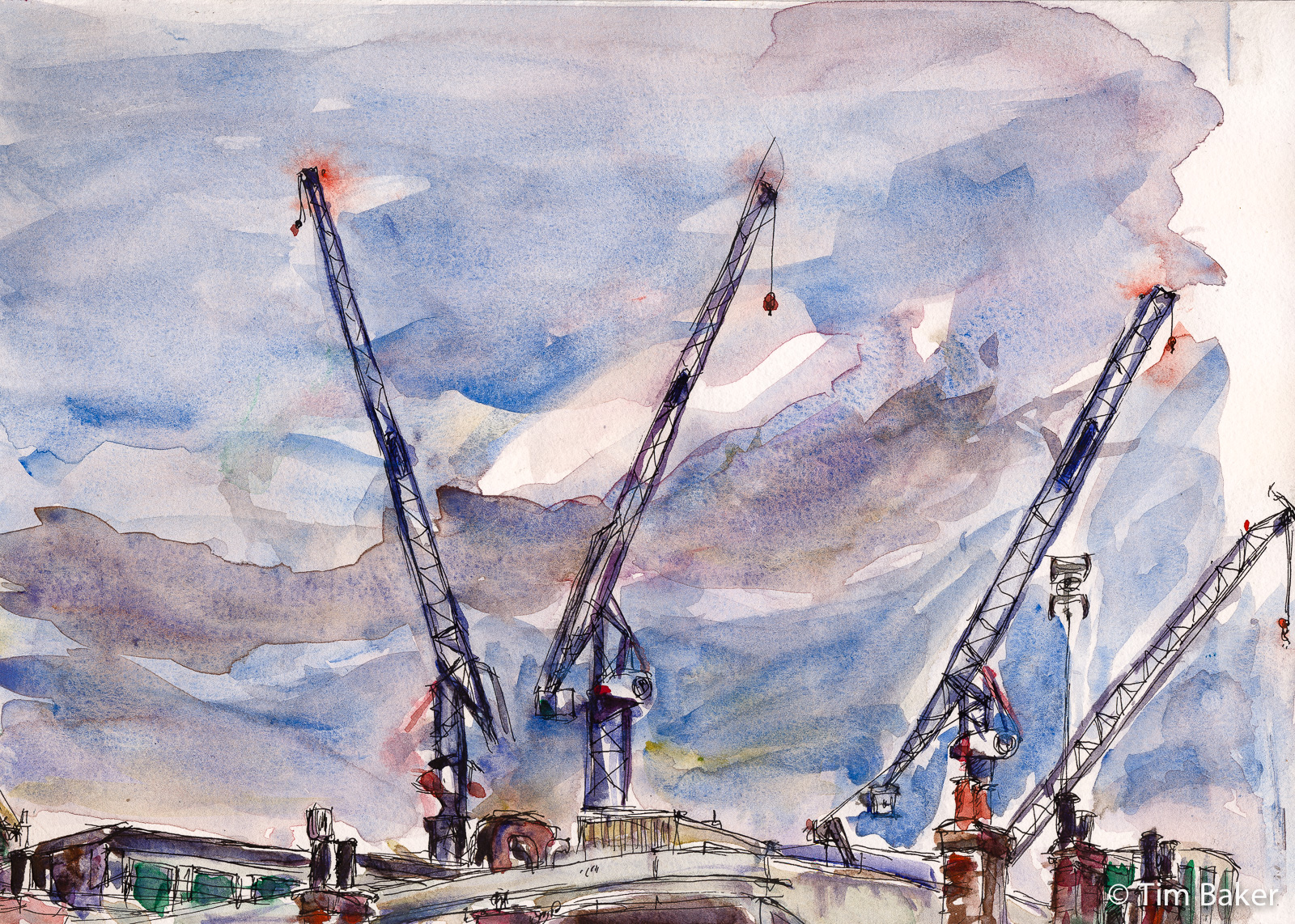 Kingston Cranes, by the Ram Pub (Page 2), Technical Pen and Watercolour, A4 Dalter Rowney Graduate Mixed Media Pad.