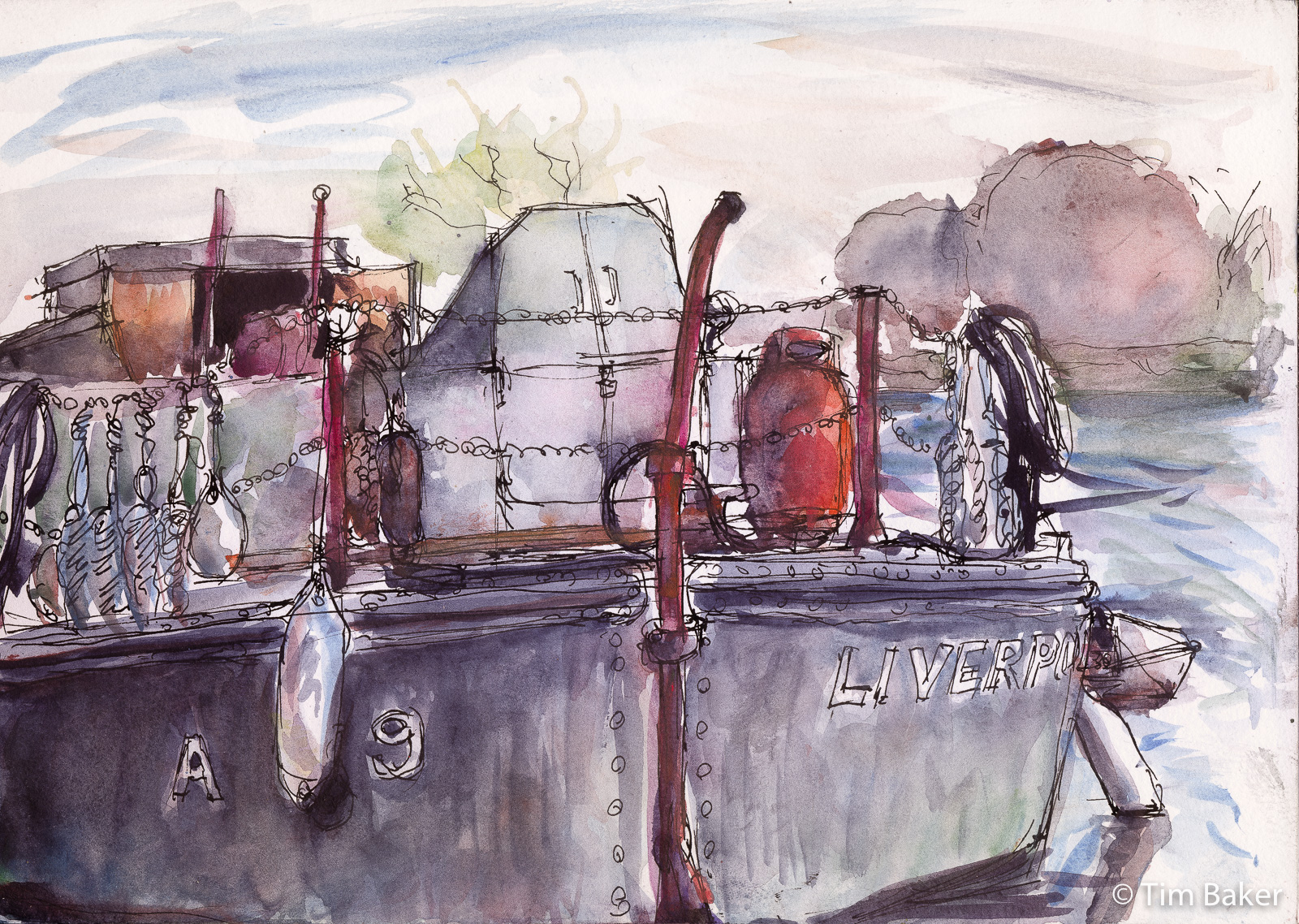 Liverpool, Queens Promenade, Fountain Pen and Watercolour, Daler Rowney Graduate Mixed Media A4. boat
