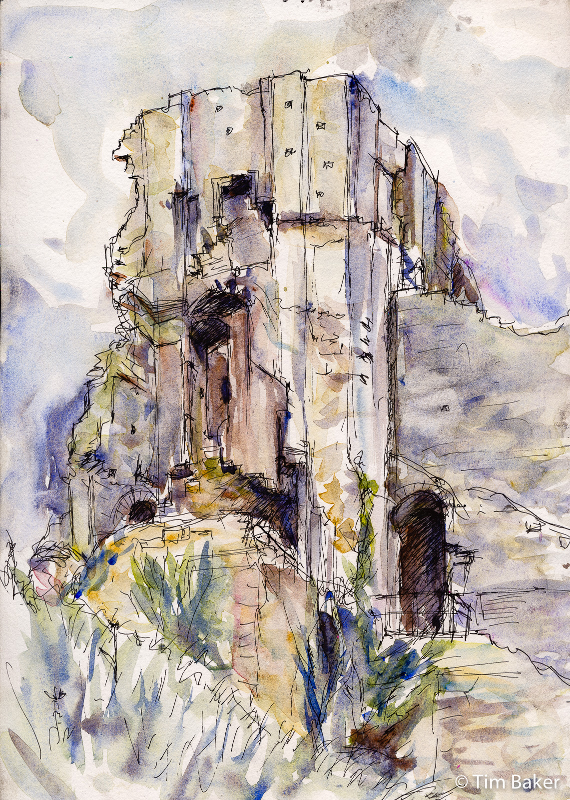Corfe Tower, Technical Pen and Watercolour, A4 Daler Rowney Graduate Pad, Jaunt 4