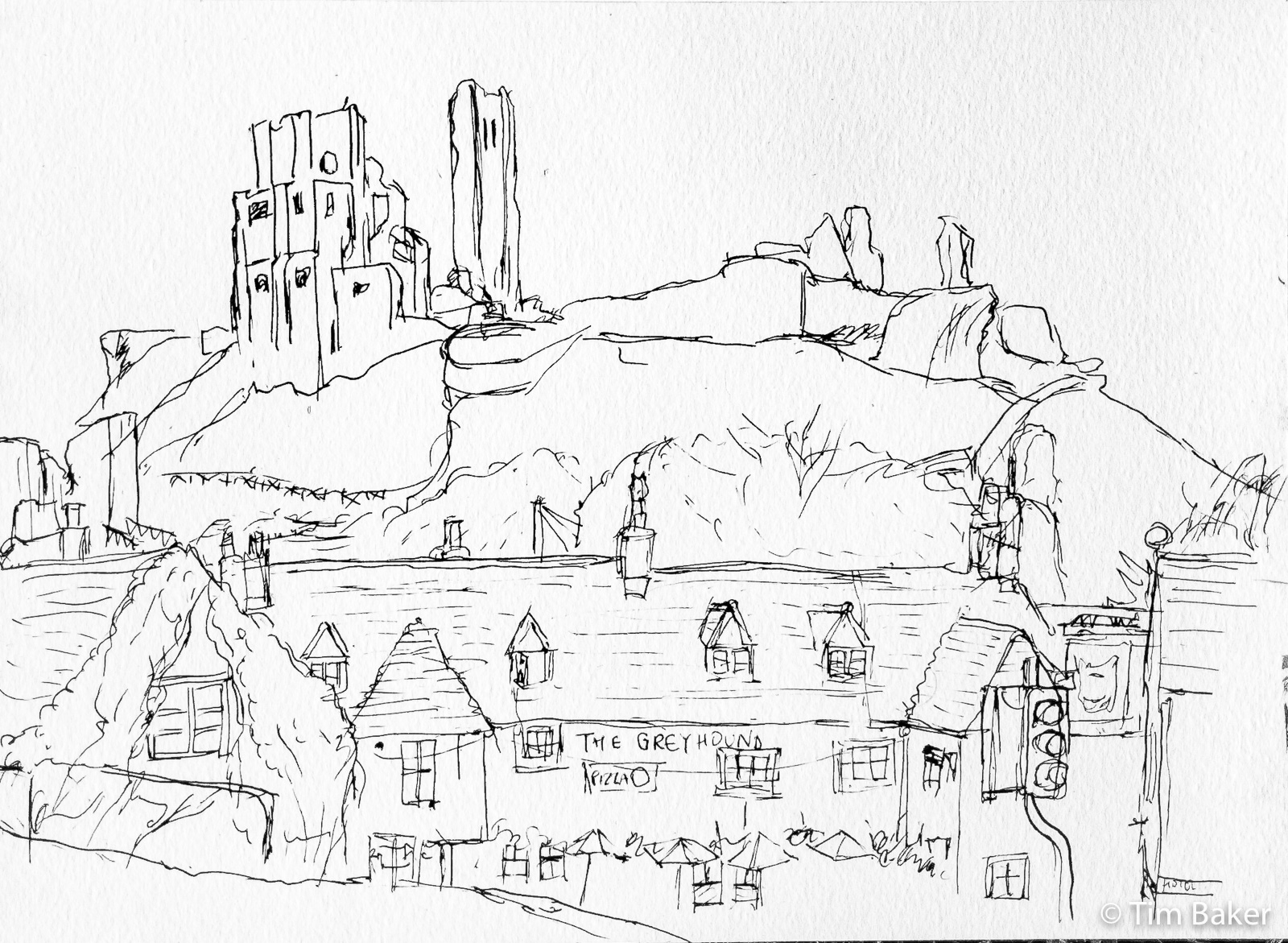 Corfe Castle and Greyhound Inn, in progress drawing, Technical Pen, A4 Faber Castell Mixed Media Sketchbook